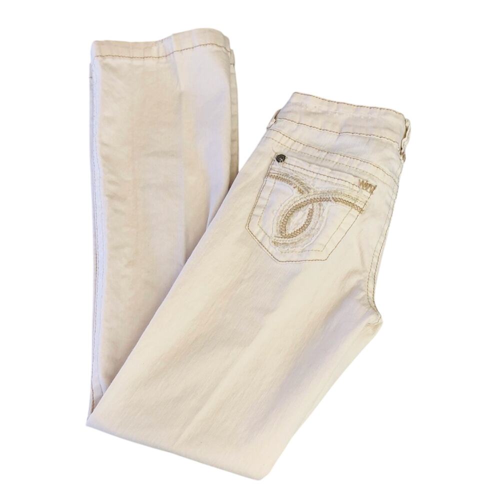 Truce White Distressed Denim Jeans Tan Stitched Detail on Back Pockets